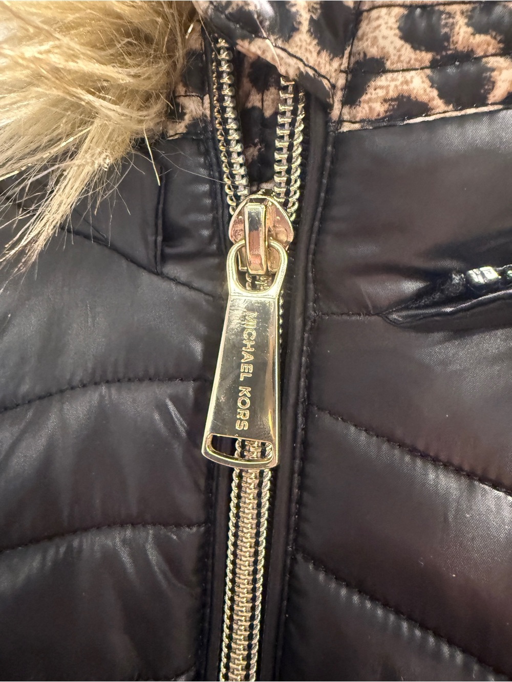 Michael Kors Girls 3T Puffer Coat Faux Fur Hood Black Leopard Print Jacket - Picture 9 of 14